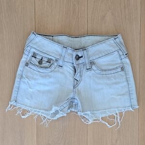 True Religion Light Blue Frayed Jean Shorts